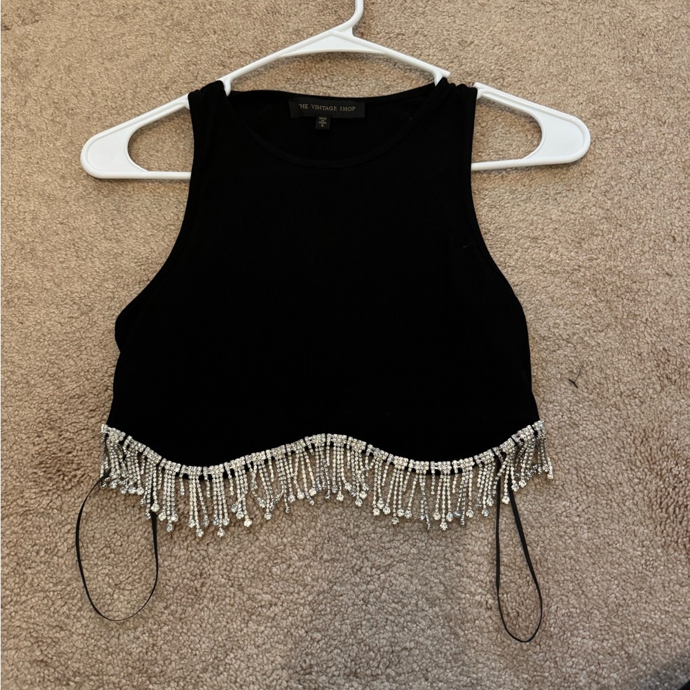 Cropped black tank top with rhinestone tassels